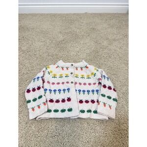 Baby Boden Cardigan Sweater Girls 2-3Y Fair Isle Wool Blend Floral Vegetable Bug